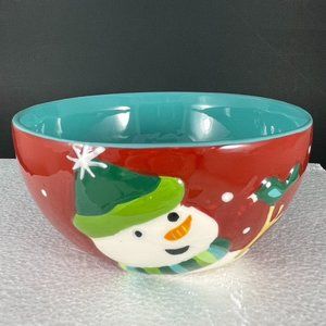 Two GIBSON HOME "Winter Themed" PENGUIN & SNOWMAN Handmade Ceramic Bowls